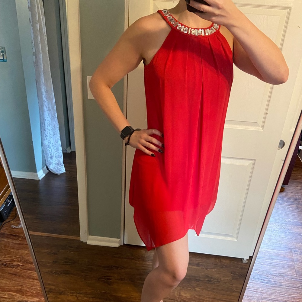 Red semi formal bejeweled dress